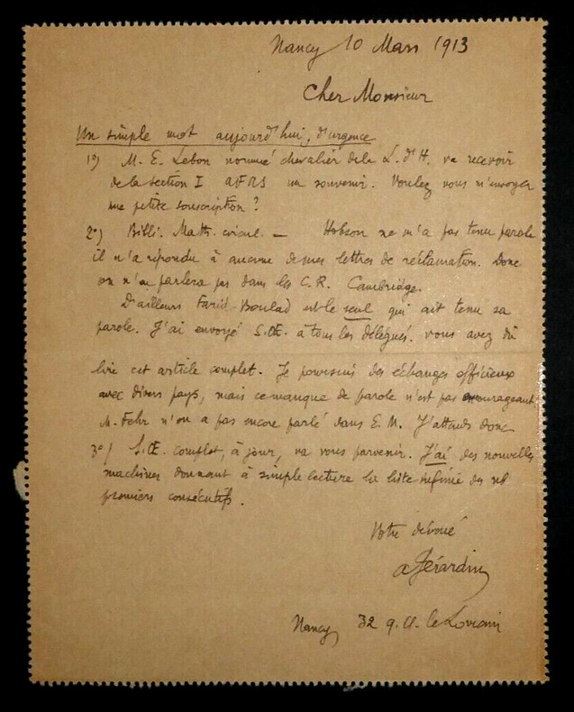 Andr&eacute; G&Eacute;RARDIN - LETTRE AUTOGRAPHE SIGN&Eacute;E A Charles-Ange LAISANT, 1913. Andr&eacute; G&Eacute;RARDIN