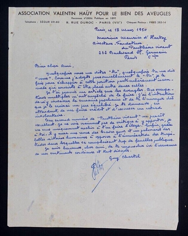 Guy CHASTEL - LETTRE AUTOGRAPHE SIGN&Eacute;E A Maurice d'HARTOY, 1950. Guy CHASTEL