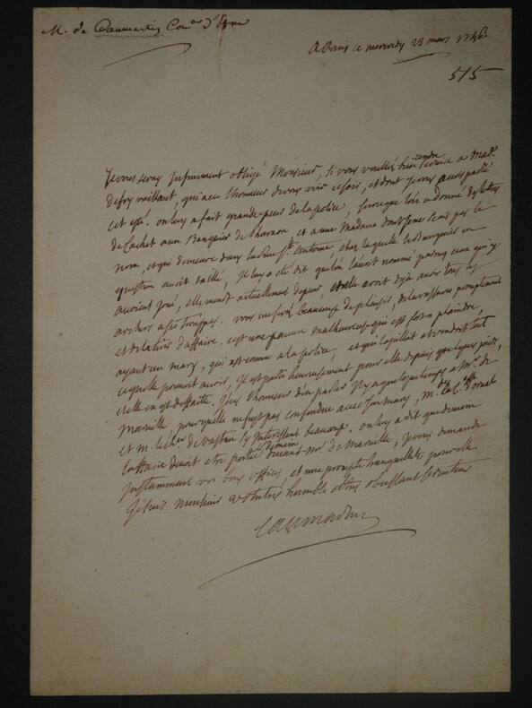 Le F&egrave;vre de CAUMARTIN - au secr&eacute;taire de Police D&eacute;on, Paris 1746. Le F&egrave;vre de CAUMARTIN