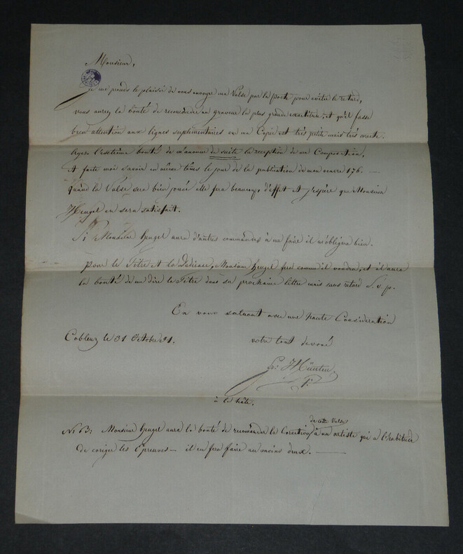 Franz H&Uuml;NTEN Compositeur et pianiste - LETTRE AUTOGRAPHE SIGN&Eacute;E Heugel 1851. Franz H&Uuml;NTEN