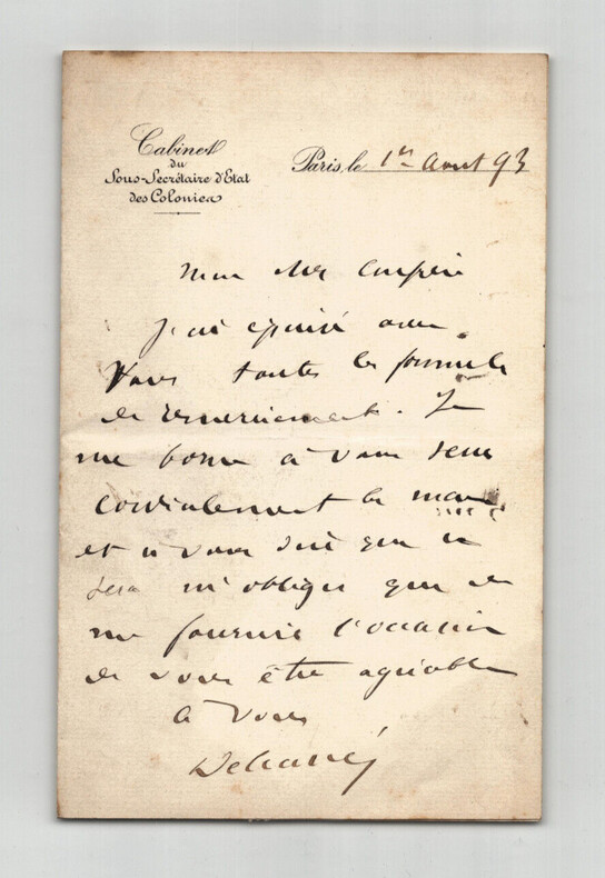 Th&eacute;ophile Delcass&eacute; - Lettre autographe sign&eacute;e &agrave; un confr&egrave;re - 1893. Th&eacute;ophile DELCASS&Eacute;
