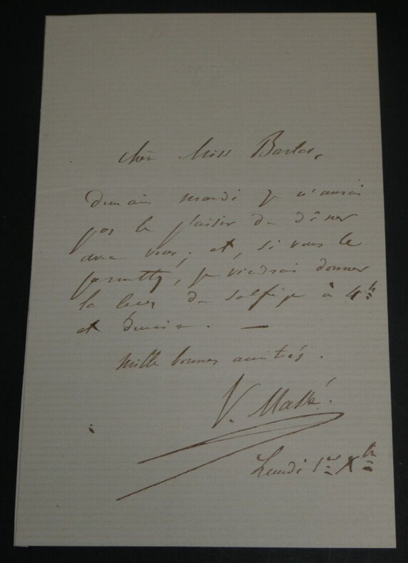 Victor MASS&Eacute;, Compositeur - LETTRE AUTOGRAPHE SIGN&Eacute;E A une dame Monogramme. Victor MASS&Eacute;