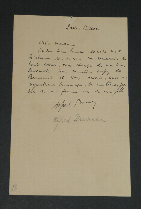 Alfred Bruneau - Lettre autographe sign&eacute;e de remerciement. Alfred BRUNEAU