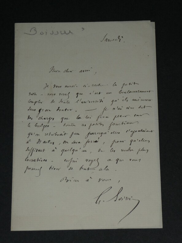 Gustave Boissi&egrave;re LETTRE AUTOGRAPHE SIGN&Eacute;E. Une loi qui Bouleverse l'universit&eacute;. Gustave BOISSI&Egrave;RE