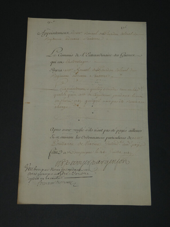 M.-P. de Voyer de Paulmy d'Argenson - Pi&egrave;ce en partie autographe sign&eacute;e - 1749. Marc Pierre de Voyer de Paulmy d'Argenson