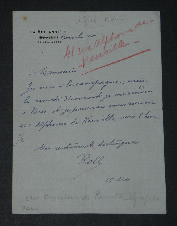 Alfred ROLL - LETTRE AUTOGRAPHE SIGN&Eacute;E. Alfred ROLL