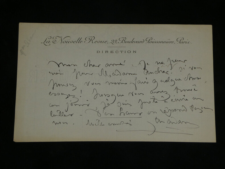 Juliette Adam - Lettre autographe sign&eacute;e - "La Nouvelle Revue" - 1885. Juliette ADAM