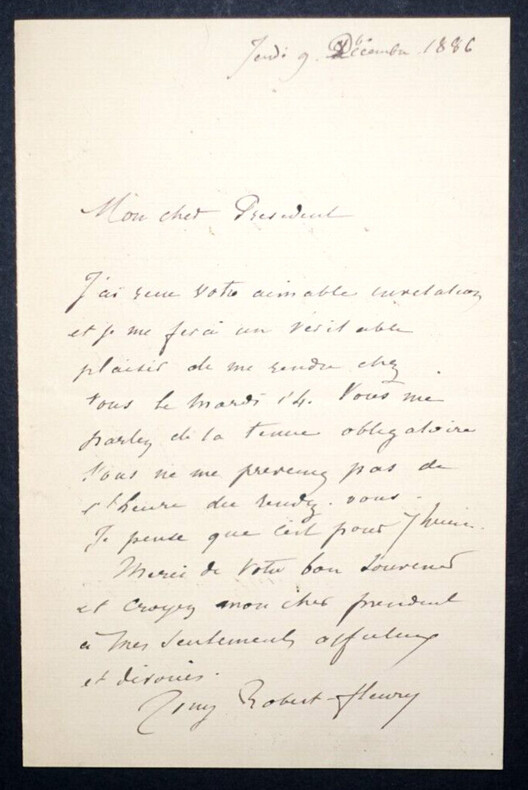 Tony ROBERT-FLEURY - LETTRE AUTOGRAPHE SIGN&Eacute;E, REPONSE A UNE INVITATION, 1886. Tony ROBERT-FLEURY