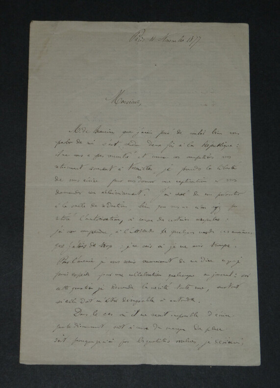 Ernest JUDET, journaliste - LETTRE AUTOGRAPHE SIGN&Eacute;E, 11 novembre 1877. Ernest JUDET