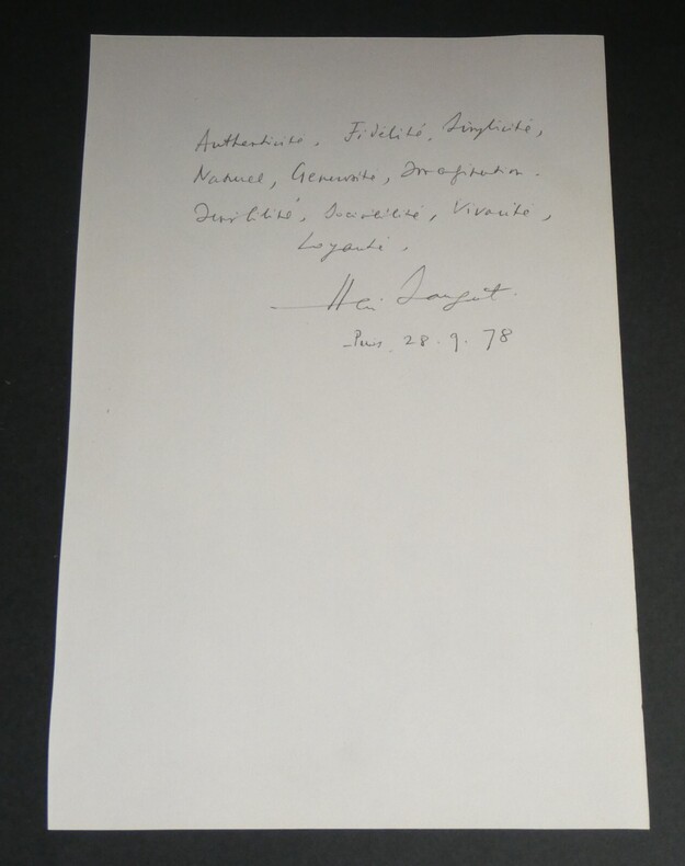 Henri SAUGUET citation autographe sign&eacute;e, 1 page  "Authenticit&eacute;, Fid&eacute;lit&eacute;" 1978. Henri SAUGUET