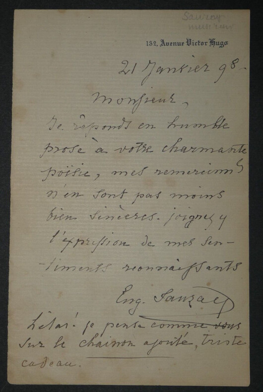Eug&egrave;ne SAUZAY - Lettre Autographe Sign&eacute;e, 1898, Votre charmante po&eacute;sie. Eug&egrave;ne SAUZAY