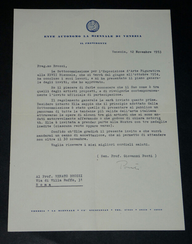 Giovanni Ponti - Lettre dactylographi&eacute;e sign&eacute;e 1953. Giovanni PONTI