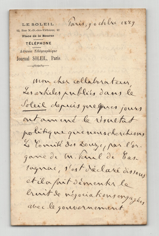 &Eacute;douard Herv&eacute; Lettre autographe sign&eacute;e Influence des &Eacute;lections l&eacute;gislatives 1889. &Eacute;douard HERV&Eacute;