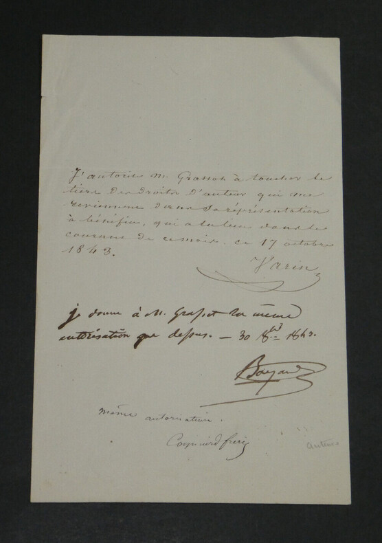 VARIN BAYARD et COGNIARD Fr&egrave;res - AUTORISATION AUTOGRAPHE SIGN&Eacute;E &Agrave; Paul GRASSOT. Charles VARIN, Jean-Fran&ccedil;ois BAYARD, COGNIARD Fr&egrave;res