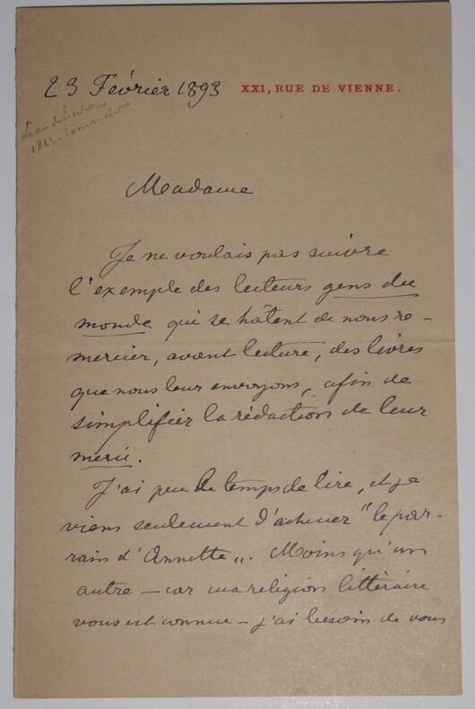 DE TINSEAU L&eacute;on, LETTRE AUTOGRAPHE SIGN&Eacute;E,  Le Parrain d'Annette,  T BETZON 1893. L&eacute;on de TINSEAU