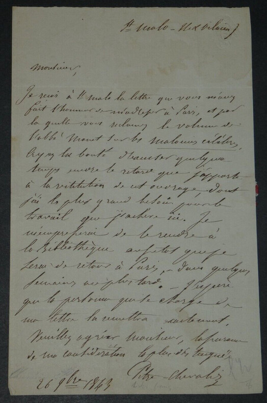 Pitre-Chevalier Lettre autographe sign&eacute;e &agrave; Charles Magnin Biblioth&egrave;que Royale. Pierre-Michel-Fran&ccedil;ois CHEVALIER