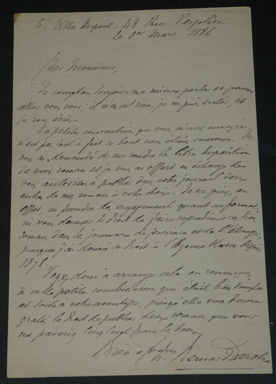 Charles BERNARD-DEROSNE - LETTRE AUTOGRAPHE SIGN&Eacute;E droits litt&eacute;raires, 1886. Charles BERNARD-DEROSNE
