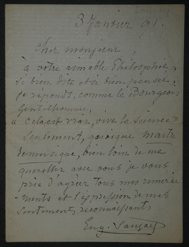 Eug&egrave;ne SAUZAY - Lettre Autographe Sign&eacute;e "cela est vrai, vive la science", 1891. Eug&egrave;ne SAUZAY