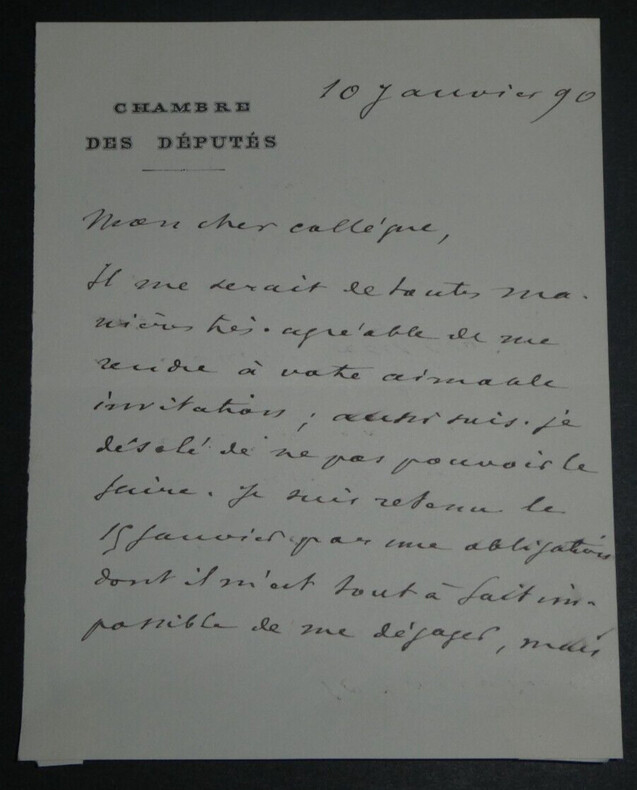 Francis CHARMES, Journaliste - LETTRE AUTOGRAPHE SIGN&Eacute;E D'EXCUSES 1890. Francis CHARMES