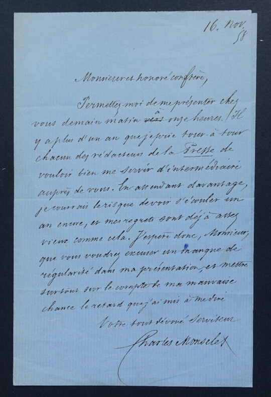 Charles MONSELET - LETTRE AUTOGRAPHE SIGN&Eacute;E, 1858. Charles MONSELET