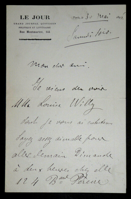 Max MAUREY - LETTRE AUTOGRAPHE SIGN&Eacute;E, Paris, 1896. Max MAUREY