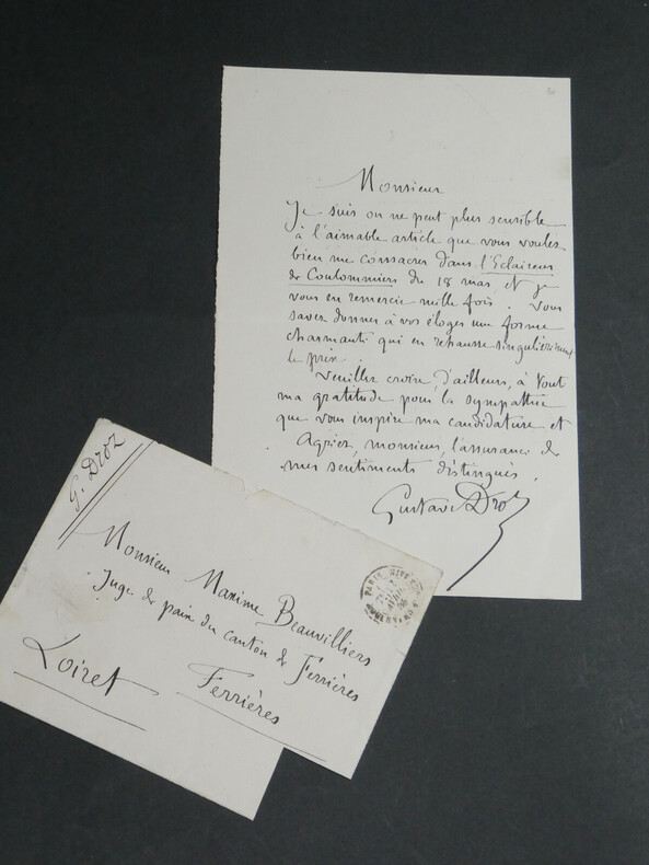 Gustave Droz - Lettre autographe sign&eacute;e &agrave; Maxime Beauvilliers - Paris - 1885. Gustave DROZ