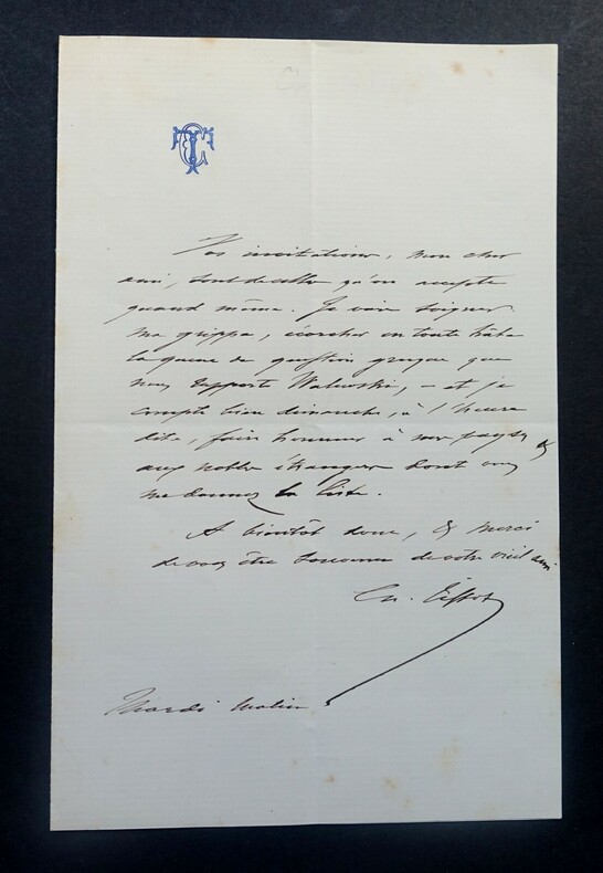 TISSOT Charles - LETTRE AUTOGRAPHE SIGNEE A PROPOS D'INVITATIONS. Charles TISSOT