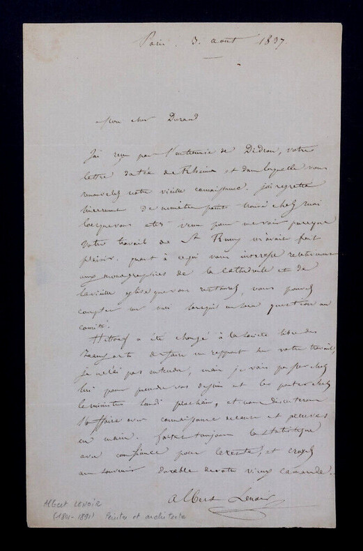Albert LENOIR - LETTRE AUTOGRAPHE SIGN&Eacute;E &Agrave; l'architecte Hippolyte DURAND 18[37]. Albert LENOIR
