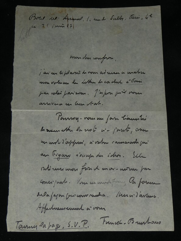 Frantz Funck-Brentano - Lettre autographe sign&eacute;e "les lettres de cachet &agrave; Paris". Frantz FUNCK-BRENTANO