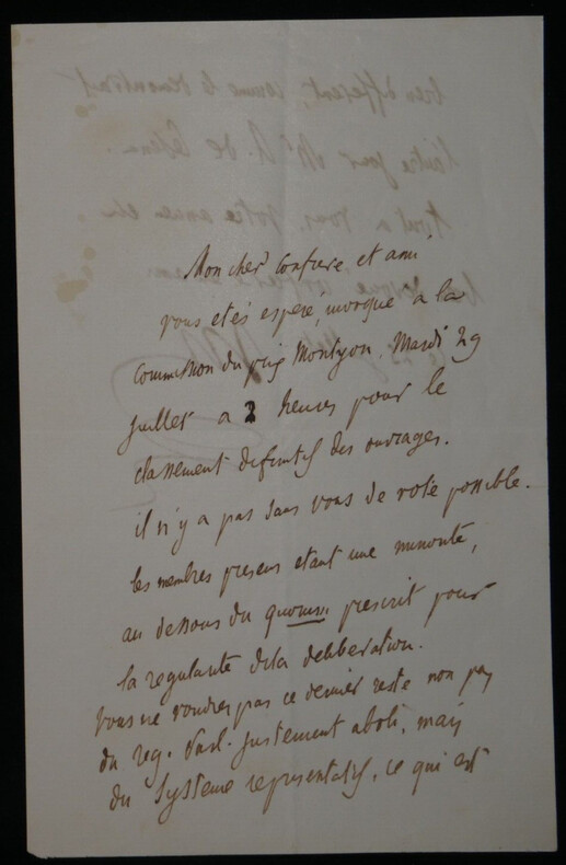 Abel VILLEMAIN - Lettre Autographe Sign&eacute;e "commission du prix Montyon". Abel Fran&ccedil;ois VILLEMAIN