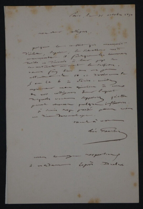 L&eacute;on FAUCHER, &Eacute;conomiste - LETTRE AUTOGRAPHE SIGN&Eacute;E PARIS 1850. L&eacute;on FAUCHER