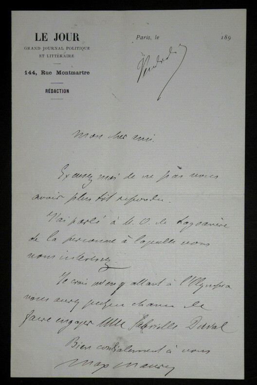 Max MAUREY - LETTRE AUTOGRAPHE SIGN&Eacute;E, Paris. Max MAUREY