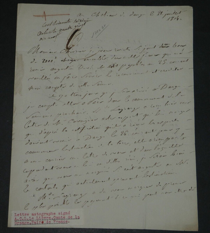 Comte Joseph Lagrange - Lettre autographe sign&eacute;e &agrave; Monsieur [Chevrier], Notaire. Joseph LAGRANGE