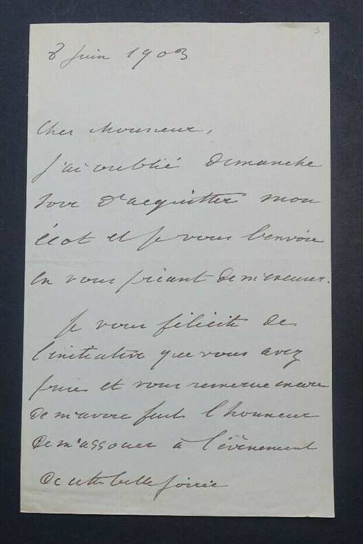 BAUER Henry - LETTRE AUTOGRAPHE SIGN&Eacute;E, 8 juin 1903. Henry BAUER