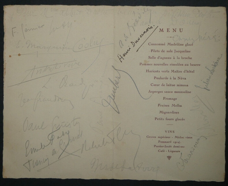 Menu soir&eacute;e SACD sign&eacute; par 10 invit&eacute;s, M&eacute;r&eacute;, Donnay, Fabre, etc... 1926, Paris. Andr&eacute; Rivoire, Henri Duvernois, Carles M&eacute;r&eacute;, Julien Luchaire, &Eacute;douardo ...