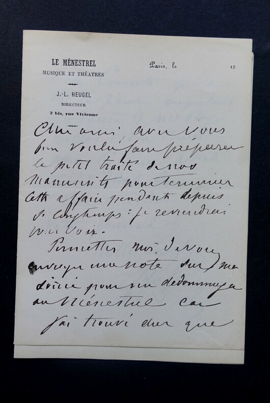 PFEIFFER Georges - LETTRE AUTOGRAPHE SIGN&Eacute;E, LE MENESTREL c.1880-1885. Georges PFEIFFER