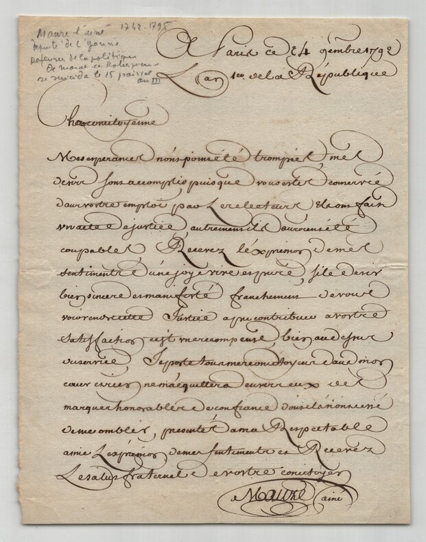 Nicolas Maure dit Maure A&icirc;n&eacute; - Lettre autographe sign&eacute;e - 1792. Nicolas Maure dit Maure A&icirc;n&eacute;
