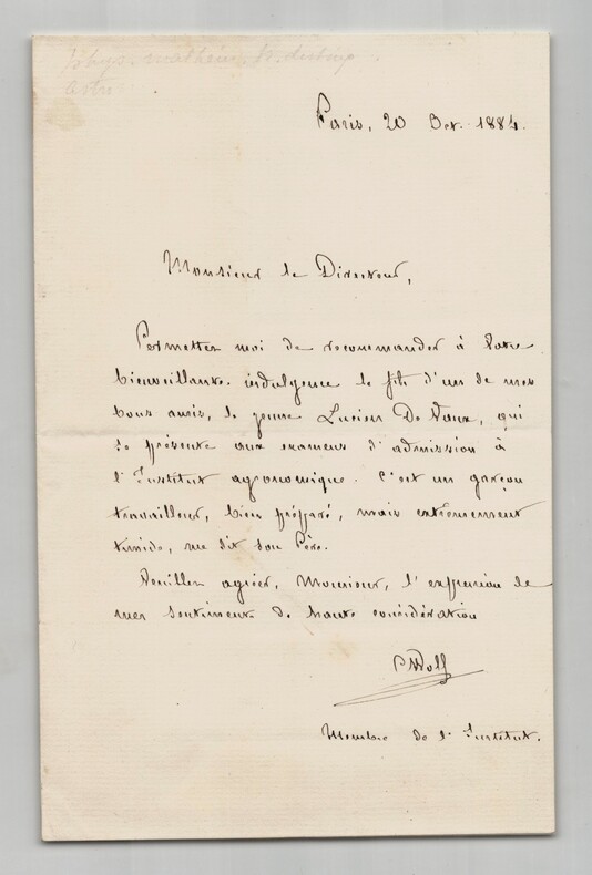 Charles Wolf - Lettre autographe sign&eacute;e recommandation Institut agronomique 1884. Charles WOLF