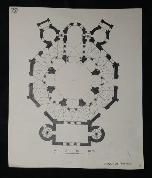 Plan de l'&eacute;glise Saint-Vital, &agrave; Ravenne - Dessin original &agrave; l'encre vers 1930. Louis Henri Laffill&eacute;e