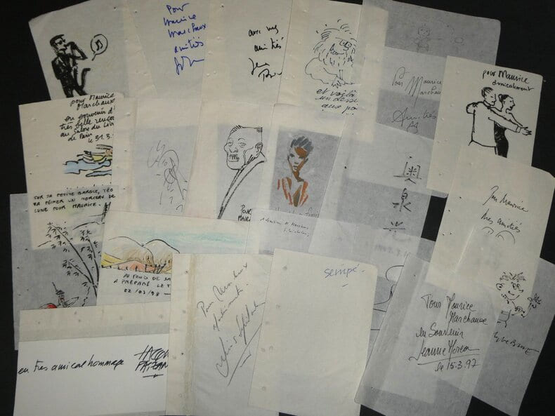 22 dessins et d&eacute;dicaces SEMP&Eacute; J. D'ORMESSON J. MOREAU LOUSTAL SEPULVEDA .... 