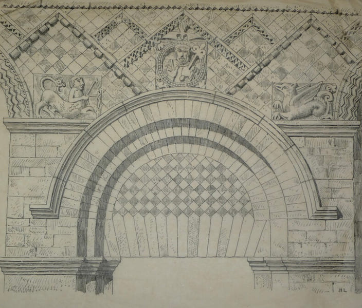 Portail Occidental Cath&eacute;drale du Mans - Dessin original sign&eacute; de ses initiales. Louis Henri Laffill&eacute;e