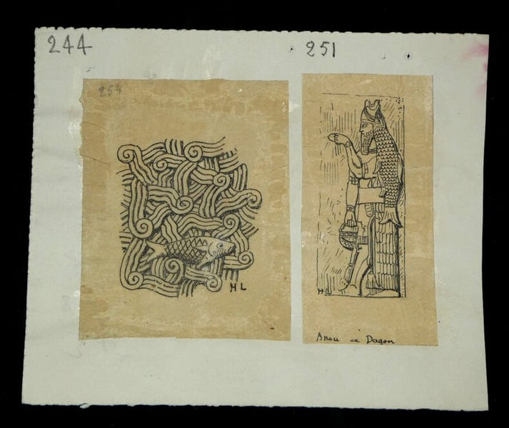 HENRI LAFFILLEE DESSIN ORIGINAL SIGNE Bas-relief Palais de Sargon & Dieu poisson. Louis Henri LAFFILL&Eacute;E