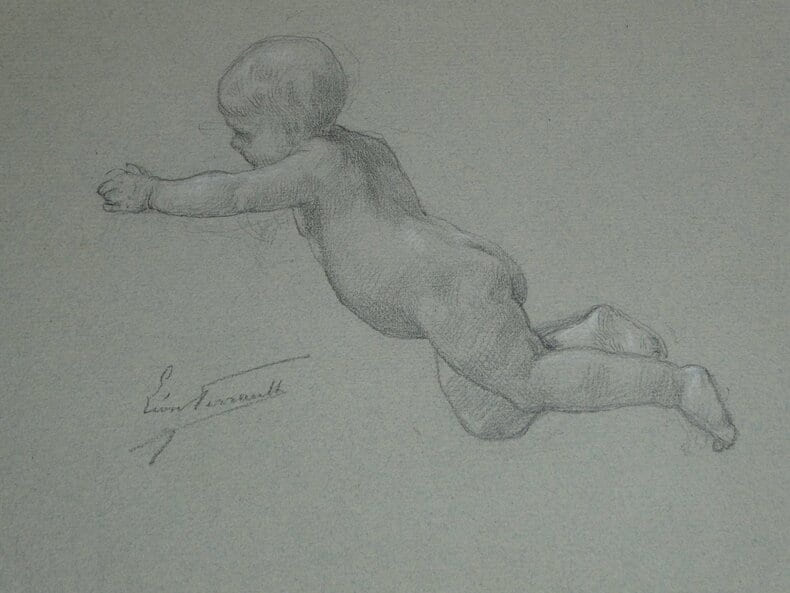 L&eacute;on Perrault (1832-1908) - &Eacute;tude d’enfant au crayon – dessin original sign&eacute;. L&eacute;on PERRAULT