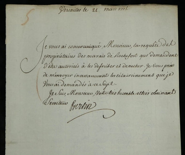 Henri Bertin - Ministre Louis XV & XVI - Lettre sign&eacute;e Marais de Rochefort 1775. Henri BERTIN