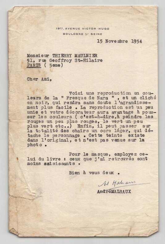 Andr&eacute; Malraux Lettre dactylographi&eacute;e sign&eacute;e &agrave; Thierry Maulnier Art de Nara 1954. Andr&eacute; MALRAUX