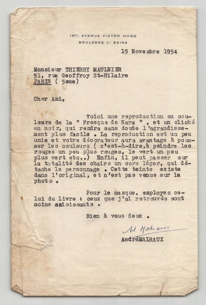 Andr&eacute; Malraux Lettre dactylographi&eacute;e sign&eacute;e &agrave; Thierry Maulnier Art de Nara 1954. Andr&eacute; MALRAUX
