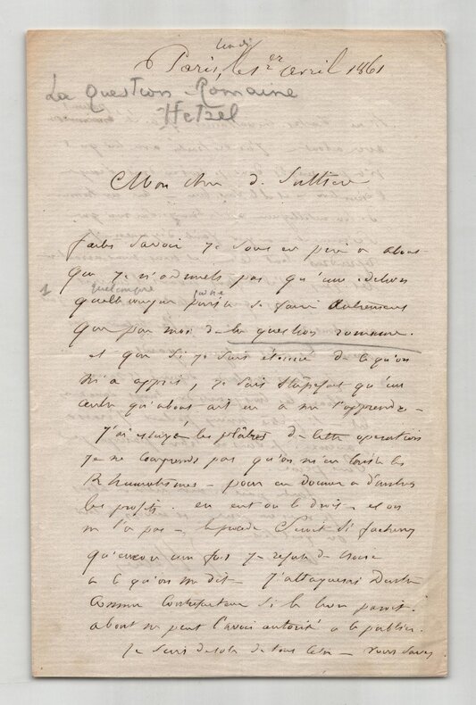 Pierre Jules Hetzel Lettre autographe sign&eacute;e COL&Egrave;RE vs DENTU / EDMOND ABOUT 1861. Pierre Jules HETZEL