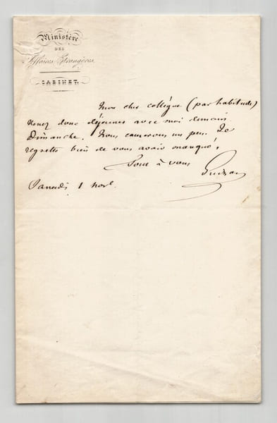 Fran&ccedil;ois Guizot - Lettre autographe sign&eacute;e - Minist&egrave;re des Affaires &Eacute;trang&egrave;res. Fran&ccedil;ois Guizot