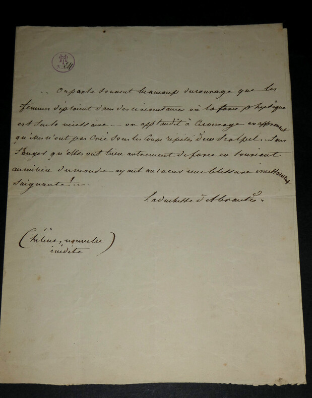 Laure Permon Duchesse d'ABRANTES - Note autographe sign&eacute;e - Nouvelle In&eacute;dite "H&eacute;l&egrave;ne" - Pens&eacute;e sur les Femmes. Laure Permon Duchesse d'Abrant&egrave;s