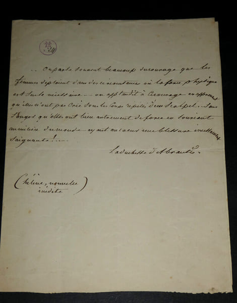 Laure Permon Duchesse d'ABRANTES - Note autographe sign&eacute;e - Nouvelle In&eacute;dite "H&eacute;l&egrave;ne" - Pens&eacute;e sur les Femmes. Laure Permon Duchesse d'Abrant&egrave;s